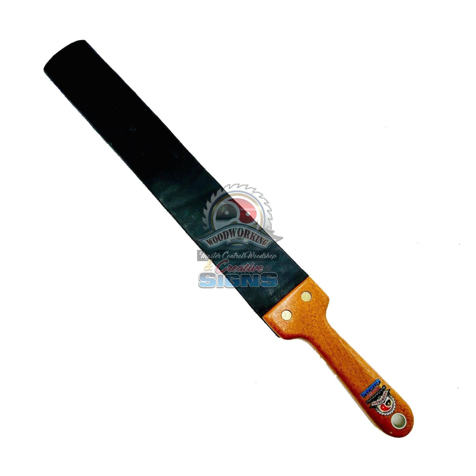 Master Control's Woodshop & Toys's Italian Leather Barber Strap - Medium - This is a Handmade upon order product. The product usually takes 7-10 days to create. This Italian Leather Barber Strap Spanking Paddle never fails to get an "ouch" of appreciation