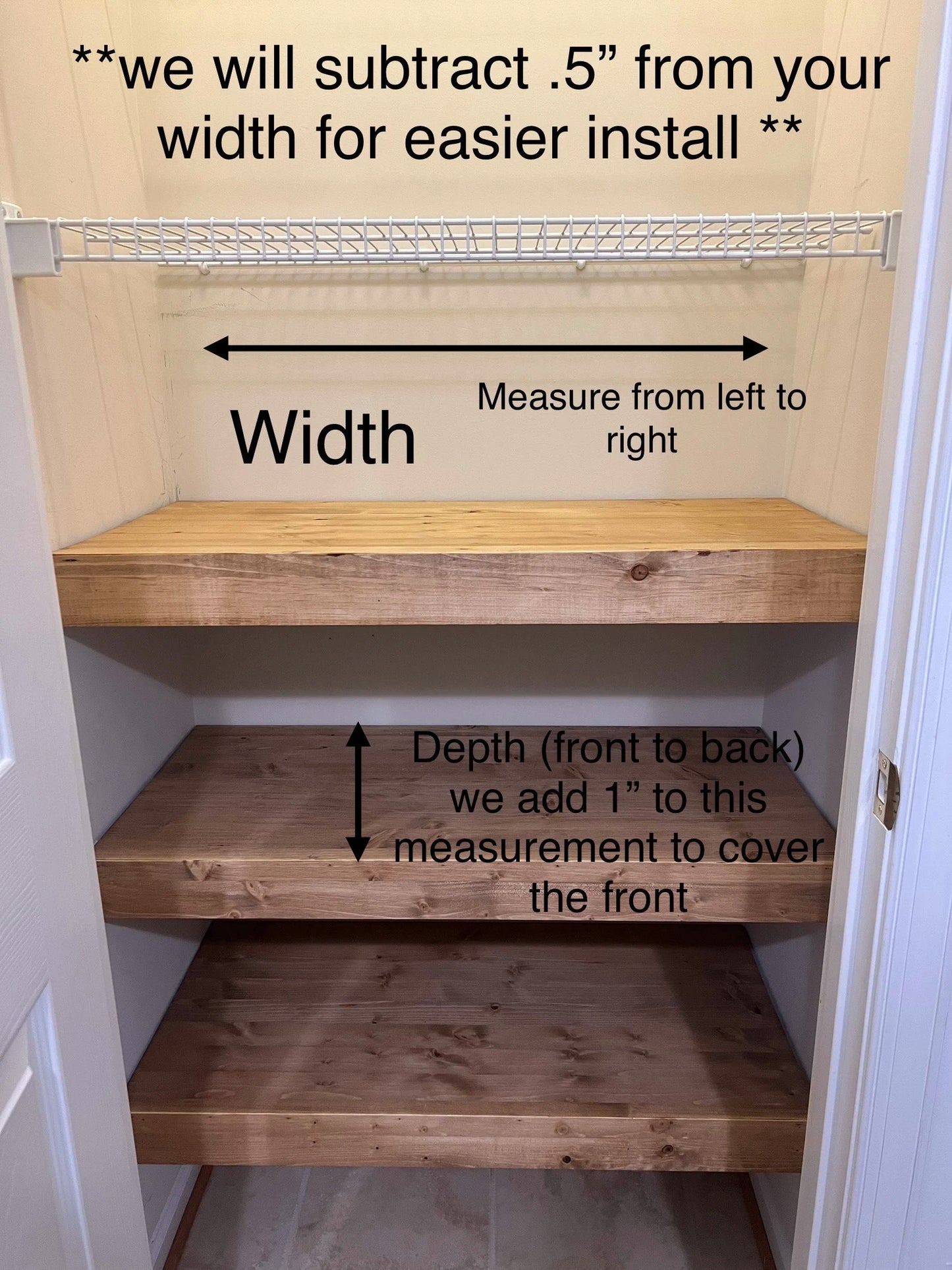 12" Hardwood Wire Rack Covers for removable closet, pantry, bathroom, bedroom or kitchen shelving upgrade.