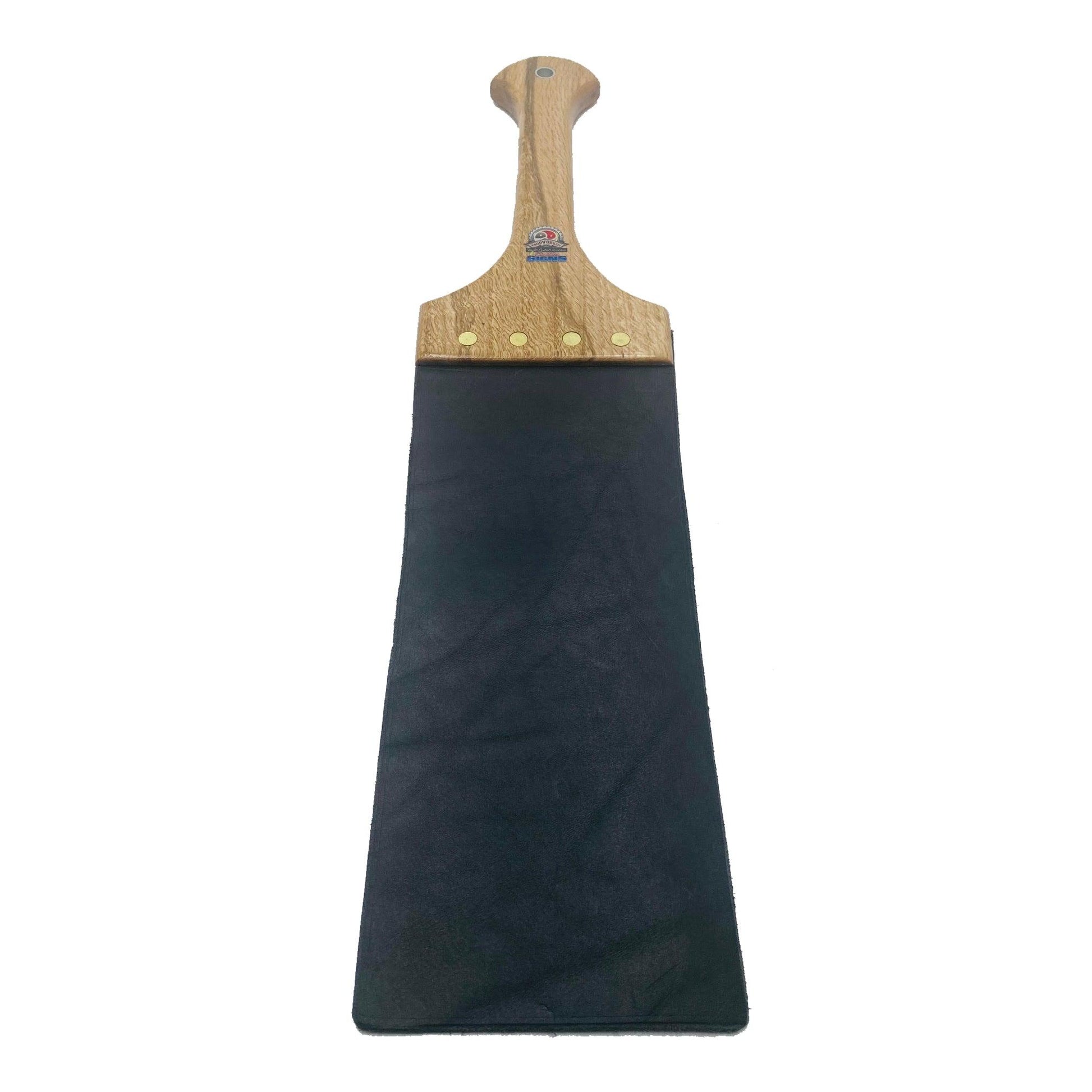 Master Control's Woodshop & Toys's Large Black Italian Leather Slapper Spanking Paddle - This is a Handmade upon order product. The product usually takes 7-10 days to create. This Large Black Italian Leather Slapper Spanking Paddle never fails to get an "