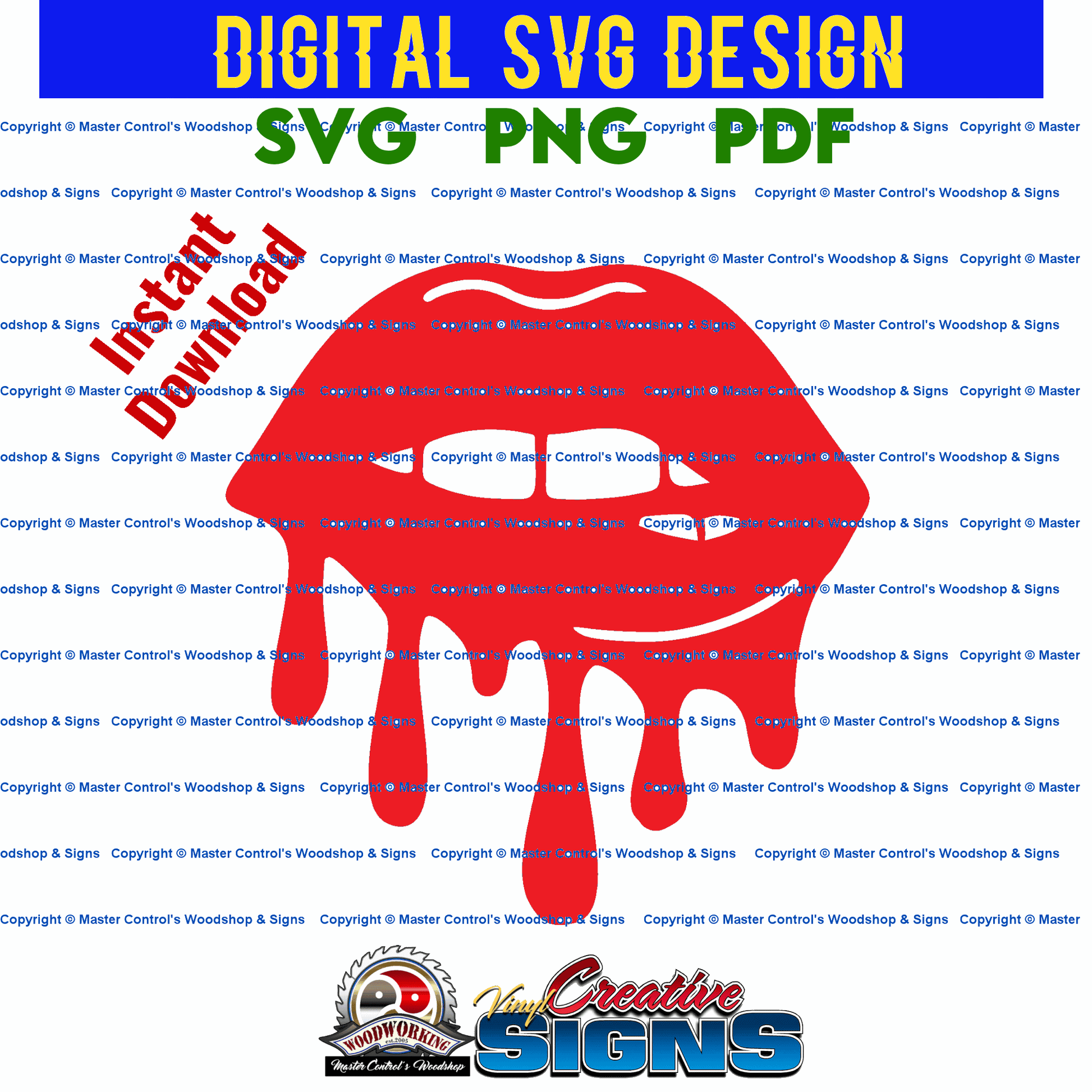 Master Control's Woodshop & Toys's Dripping Lips (Digital Download) - You may use our Dripping Lips SVG files to make finished items for personal use, but the file itself can not be sold or distributed in any way. Files will contain one-color. Watermark a