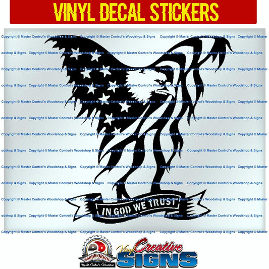 Master Control's Woodshop & Toys's The Eagle - In God We Trust Vinyl Decal - The Eagle - In God We Trust Vinyl Decal Sticker - Oracal 651 Vinyl Decal Sticker Vinyl Decal is made of high quality professional grade indoor/outdoor material 5-7 year non fadin