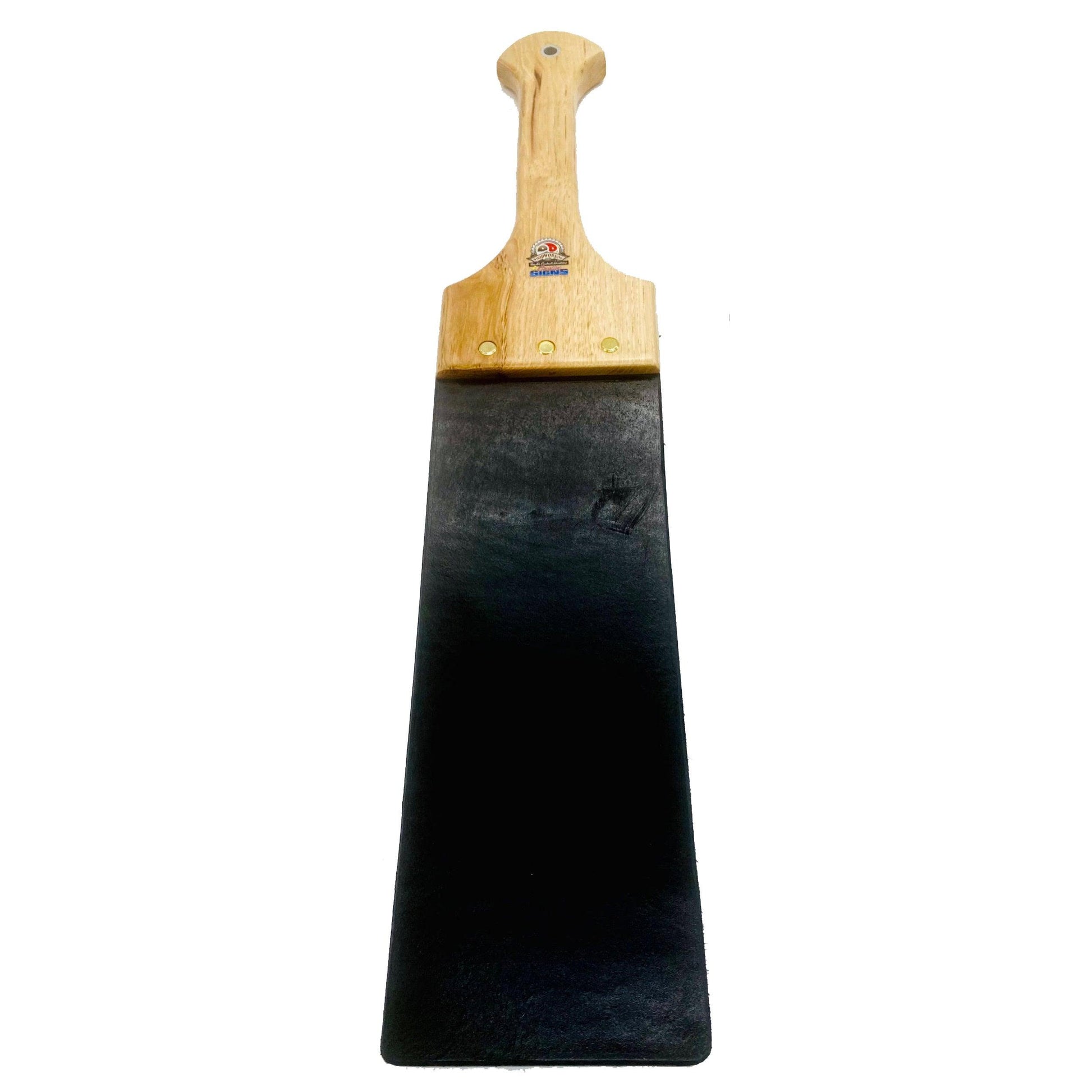 Master Control's Woodshop & Toys's Large Black Italian Leather Slapper Spanking Paddle - This is a Handmade upon order product. The product usually takes 7-10 days to create. This Large Black Italian Leather Slapper Spanking Paddle never fails to get an "