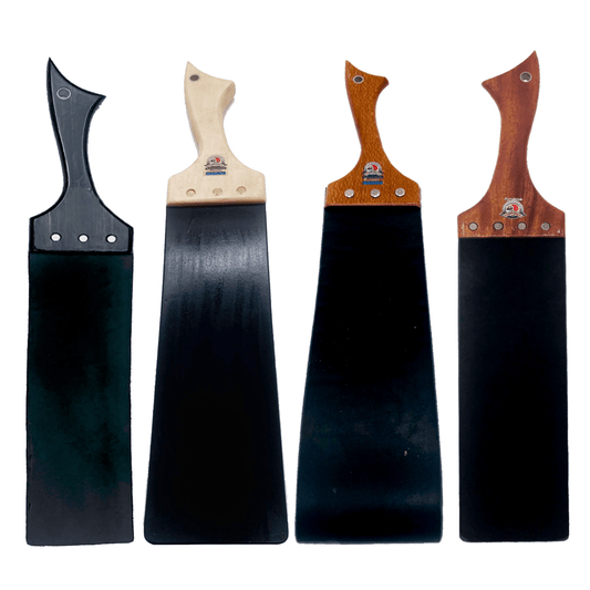 Master Control's Woodshop & Toys's Large Italian Leather Slapper Spanking Paddle - 12" strap - This is a Handmade upon order product. The product usually takes 7-10 days to create. This Large Italian Leather Slapper Spanking Paddle - 12" strap never fails