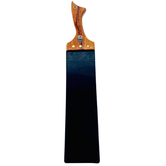 Master Control's Woodshop & Toys's Large Italian Leather Slapper Spanking Paddle - 14" strap - This is a Handmade upon order product. The product usually takes 7-10 days to create. This Large Italian Leather Slapper Spanking Paddle - 14" strap never fails