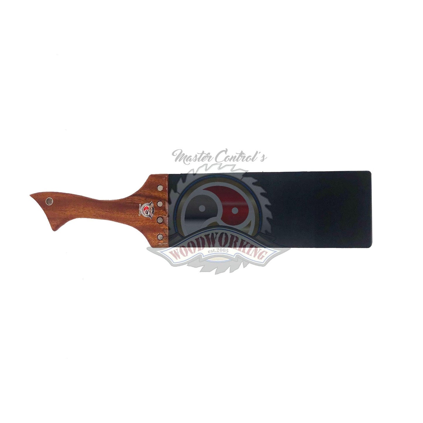 Master Control's Woodshop & Toys's Large Italian Leather Slapper Spanking Paddle - 12" strap - This is a Handmade upon order product. The product usually takes 7-10 days to create. This Large Italian Leather Slapper Spanking Paddle - 12" strap never fails