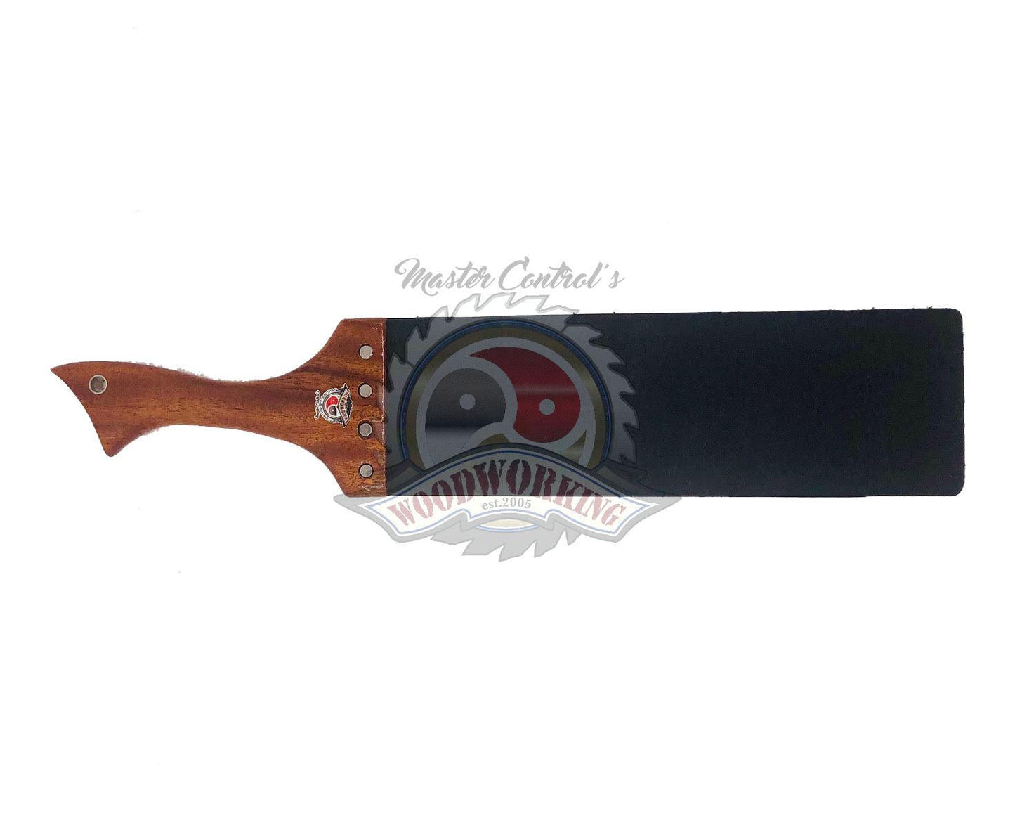 Master Control's Woodshop & Toys's Large Italian Leather Slapper Spanking Paddle - 14" strap - This is a Handmade upon order product. The product usually takes 7-10 days to create. This Large Italian Leather Slapper Spanking Paddle - 14" strap never fails