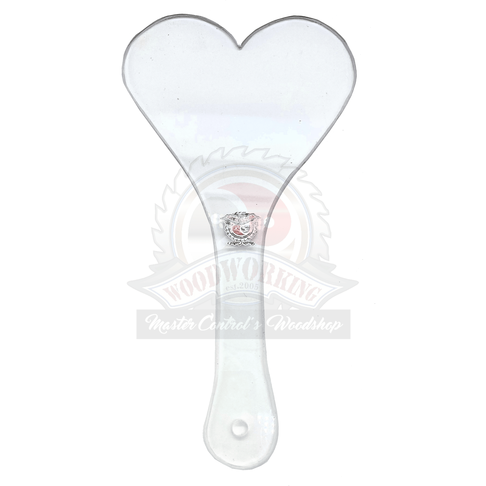Master Control's Woodshop & Toys's Large Lexan Heart Spanking Paddle - This is a Handmade upon order product. The product usually takes 7-10 days to create. This Large Lexan Heart Spanking Paddle never fails to get an "ouch" of appreciation! Available in