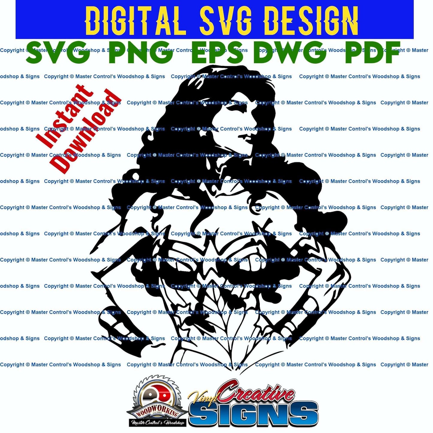 Master Control's Woodshop & Toys's Wonder Woman (Digital Download) - You may use our Wonder Woman SVG files to make finished items for personal use, but the file itself can not be sold or distributed in any way. Files will contain one-color. Watermark and