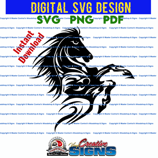 Master Control's Woodshop & Toys's Rearing Horse (Digital Download) - You may use our Rearing Horse SVG files to make finished items for personal use, but the file itself can not be sold or distributed in any way. Files will contain one-color. Watermark a