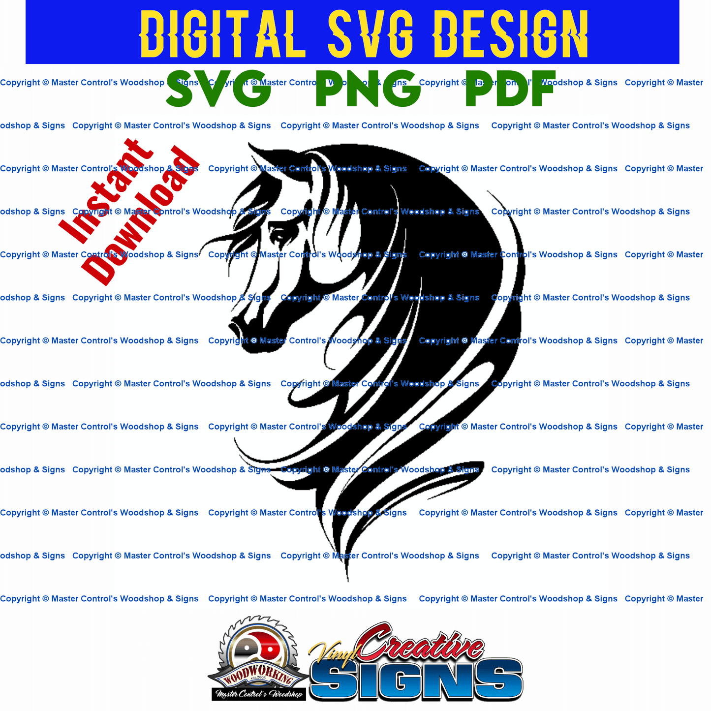 Master Control's Woodshop & Toys's Horse Head (Digital Download) - You may use our Horse Head SVG files to make finished items for personal use, but the file itself can not be sold or distributed in any way. Files will contain one-color. Watermark and Bac