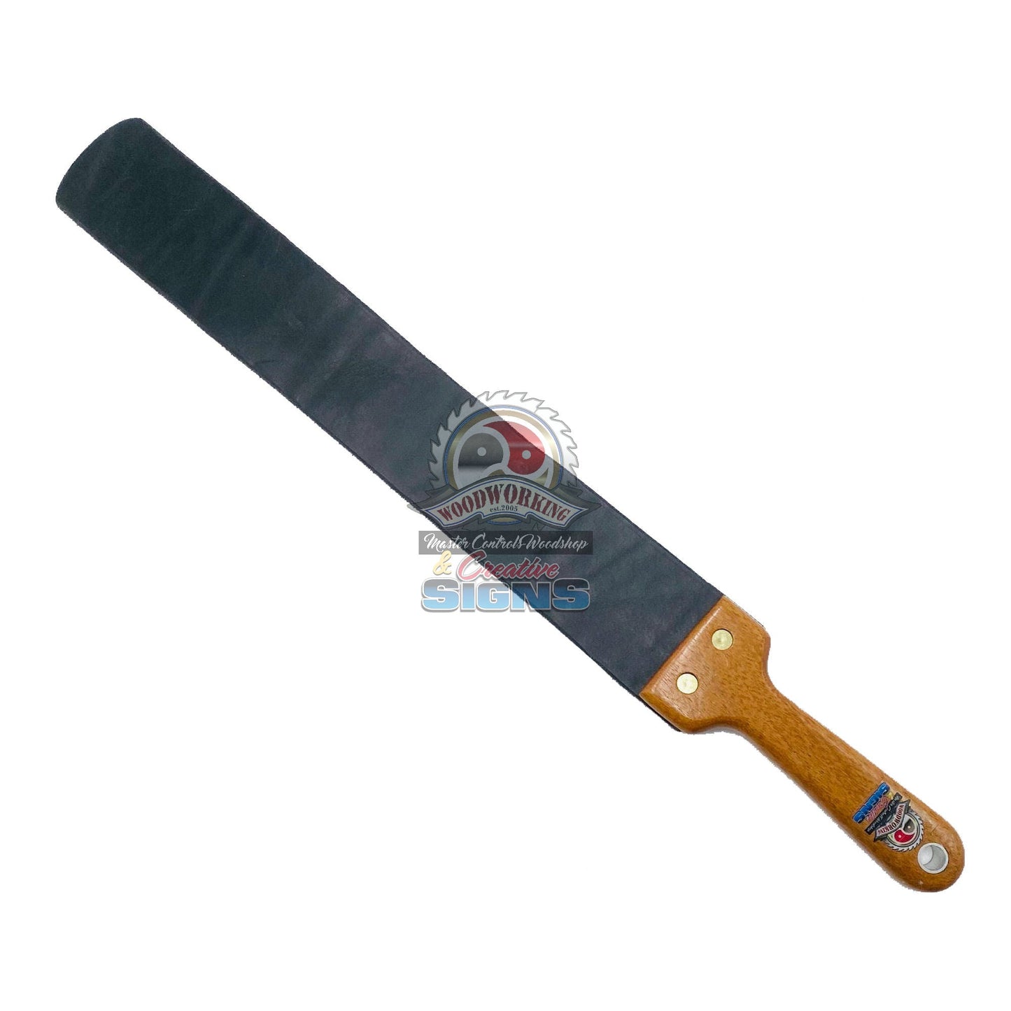 Master Control's Woodshop & Toys's Italian Leather Barber Strap - Medium - This is a Handmade upon order product. The product usually takes 7-10 days to create. This Italian Leather Barber Strap Spanking Paddle never fails to get an "ouch" of appreciation