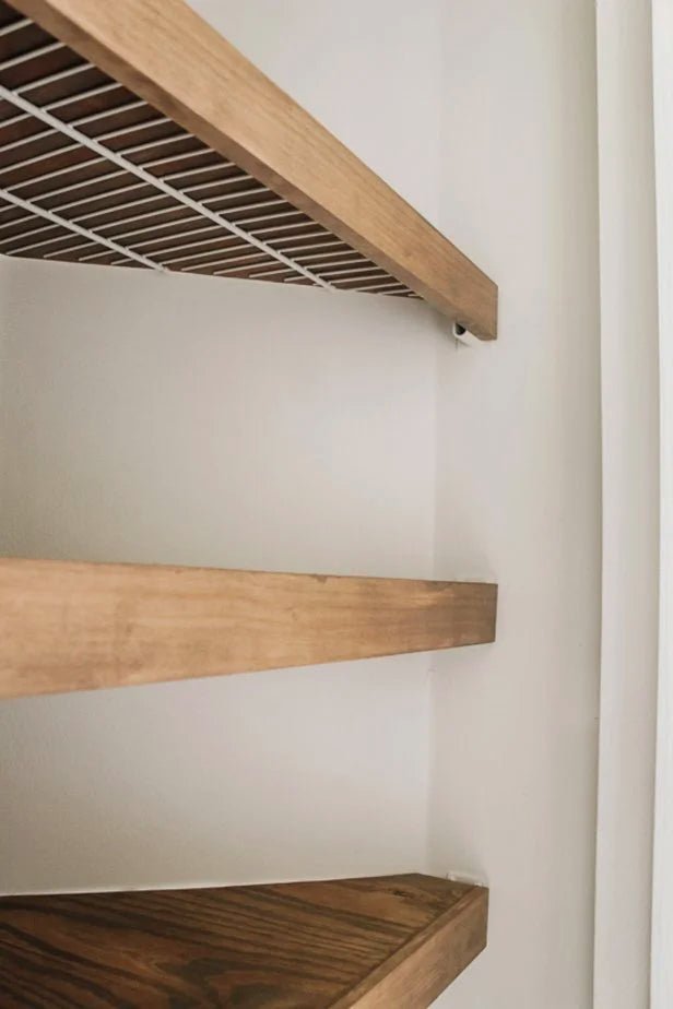 Hardwood Wire Rack Covers for removable closet, pantry, bathroom, bedroom or kitchen shelving upgrade.