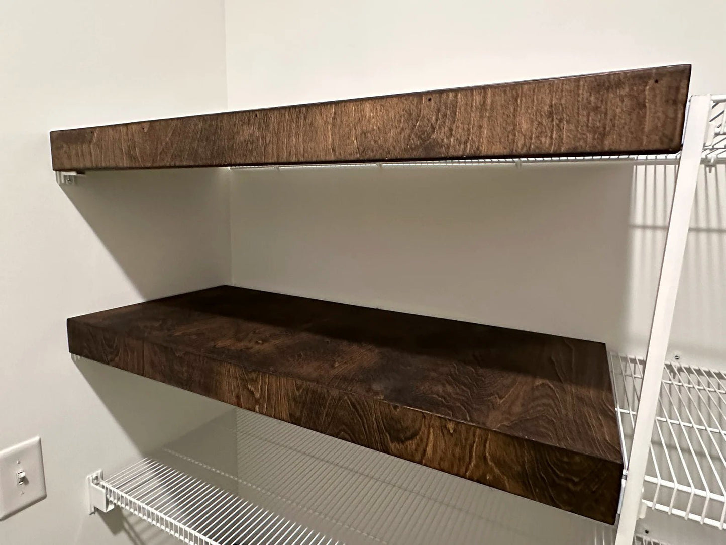 Hardwood Wire Rack Covers for removable closet, pantry, bathroom, bedroom or kitchen shelving upgrade.