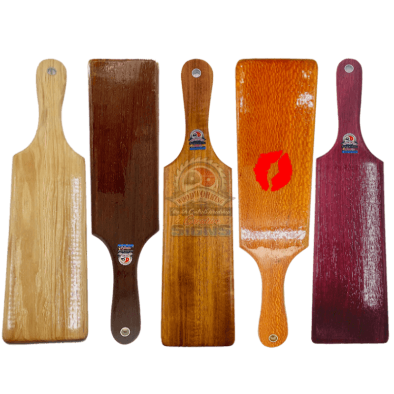 Master Control's Woodshop & Toys's SWITCH PLUS OTK Spanking Paddle - This is a Handmade upon order product. The product usually takes 7-10 days to create. This SWITCH PLUS OTK Spanking Paddle never fails to get an "ouch" of appreciation! Available in seve